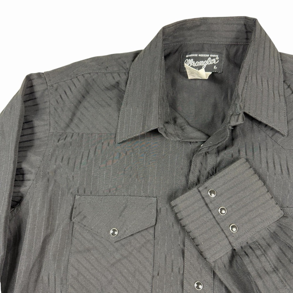 Wrangler Pearl Snap Shirt Mens Sz Lg Black Striped Long Sleeve Western Polyester